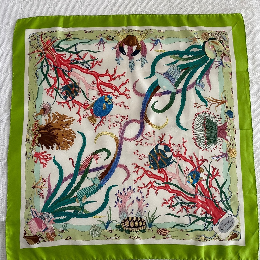 Vintage Gucci Silk Scarf Aquatic Design